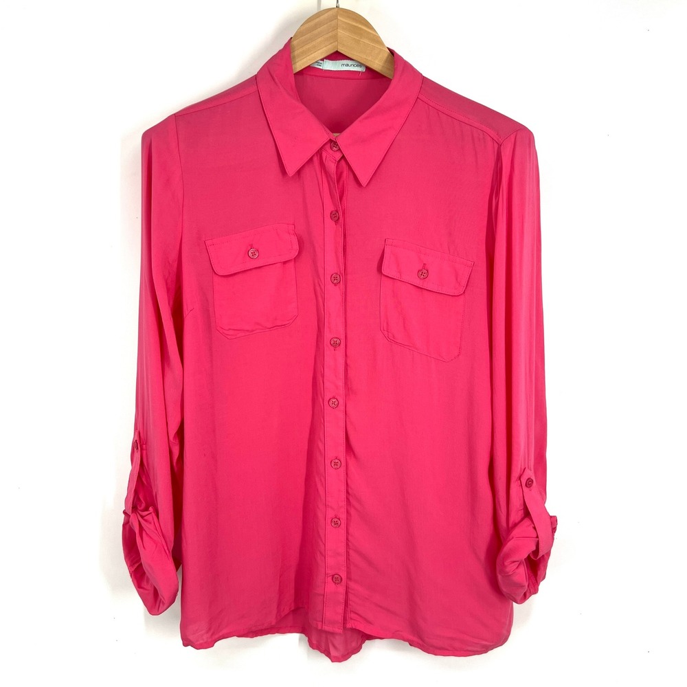 Maurices Womens Hot Pink Roll Tab Sleeve Utility Button Down Shirt Large